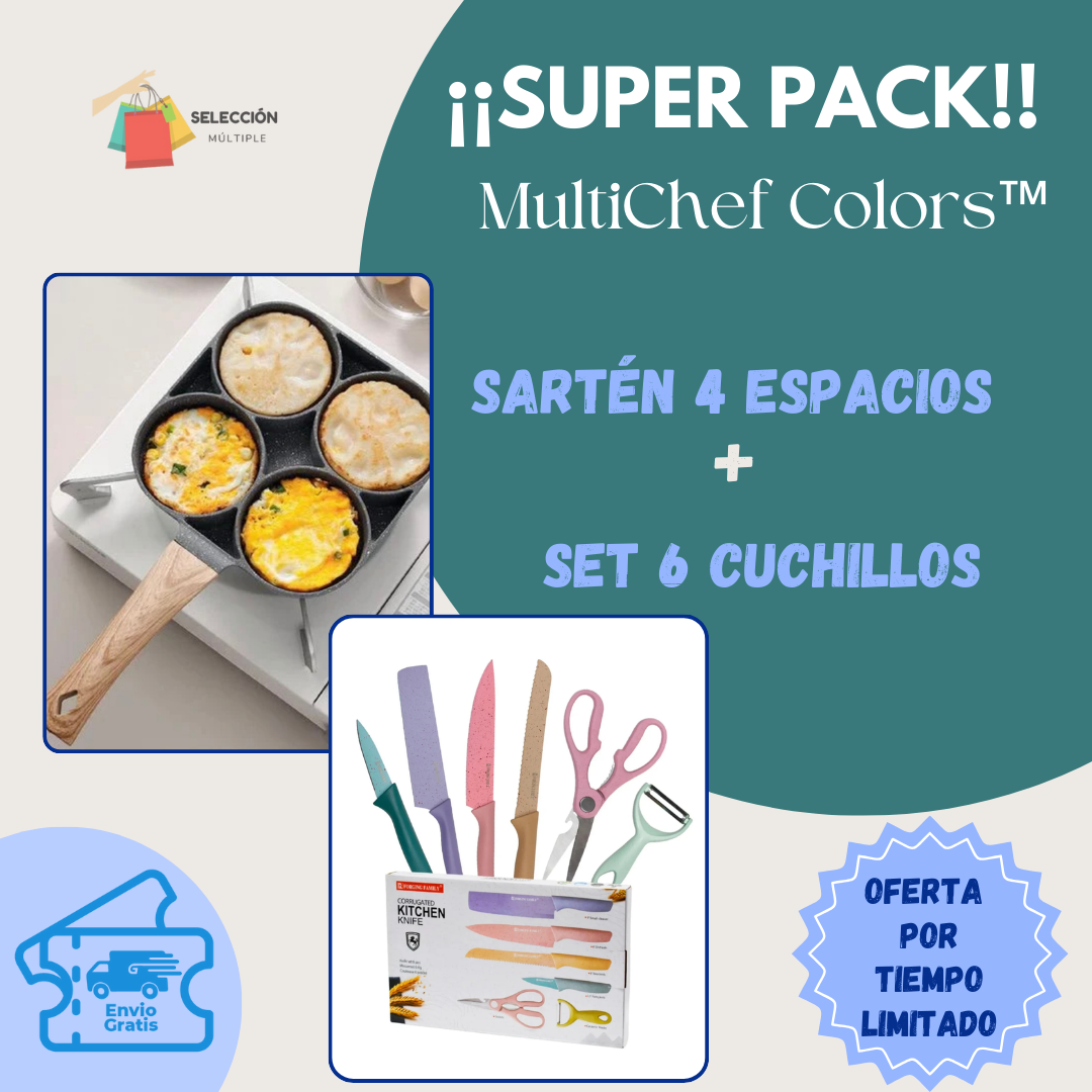 MULTICHEF COLORS™ Sartén 4 espacios + Set 6 cuchillos